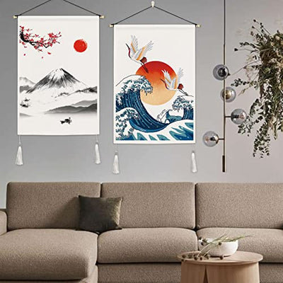 Japanese tapestry, Mount Fuji, wall hanging, great wave crane, wall art with tassels, cherry blossoms, sun tapestries