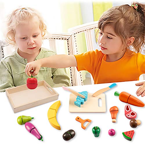 Play kitchen accessories, kids kitchen accessories wood, kitchen kids wooden toys, fruit vegetable and meat cooking simulation educational toys