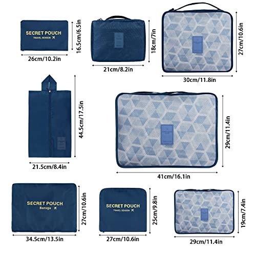 Lot de 8 cubes de rangement, cubes d'organisation pour valise, avec sac à chaussures, sac à linge, organisateur de voyage, sacs à vêtements, pour sac à dos, bleu foncé