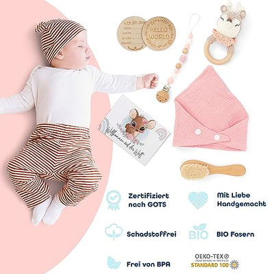 Baby Gift Girl [6-Piece] for Newborn | Handmade Toy, Triangle Scarf, Milestone Card, Rattle, Brush | Gift for Birth, Baby Shower