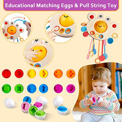 Baby toys for 6 to 12 months, toys for babies, sensory baby toys, 6 in 1 motor skills toys, stacking toys blocks and rings, matching eggs, suction cup spinning top toys