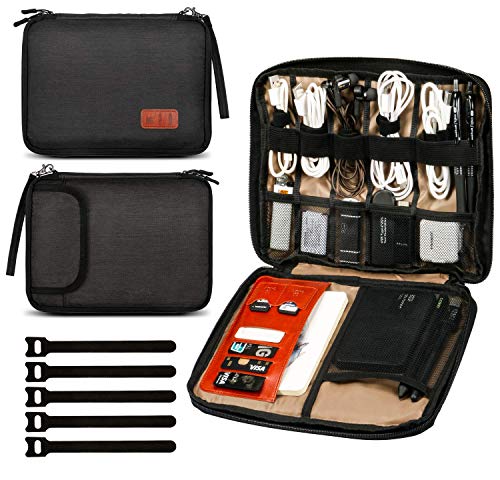 12" Waterproof Cable Organizer Bag Electronics Accessories Organizer with 5 x Cable Tie, Passport Holder, Card Case, Black