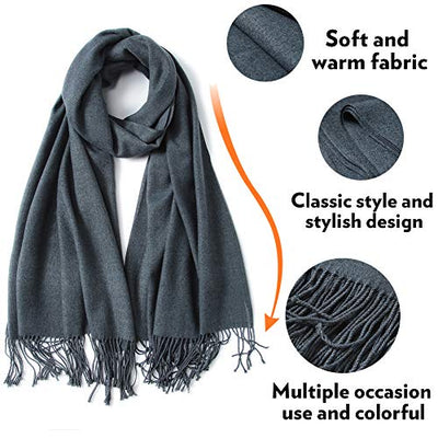 Scarf Warm Winter Autumn Plain Cotton with Tassels/Fringes, 40+ Colors Solid & Plaid Pashmina xl Scarves Gray