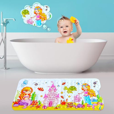 Bath Mat for Tub for Kids Cartoon Anti Slip Baby Bath Mat Extra Long Anti Slip Bathroom Toddler Shower Floor Mat with Suction Cups Drainage Holes