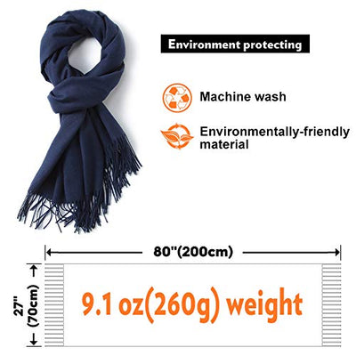 Scarf Warm Winter Autumn Plain Cotton with Tassels/Fringes, 40+ Colors Solid & Plaid Pashmina xl Scarves Navy Blue