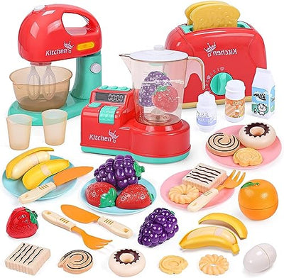 Toy Kitchen Tools Playset, Kids Kitchen Toy Mixer and Mixer with Sound and Light, Play Toaster, Cutting Play Food, Toddler Play Kitchen Accessories Set