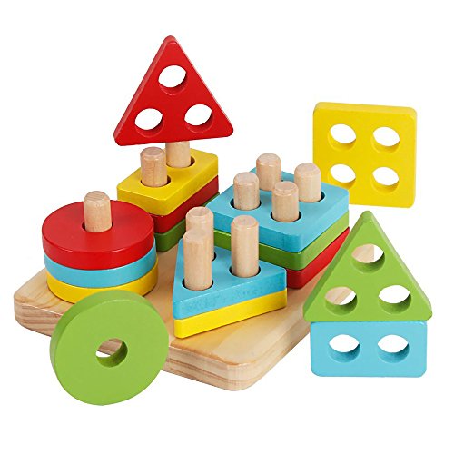 Wooden Puzzles Kids Toddler Geometric Stacking Game Colors and Shapes Sorting Game