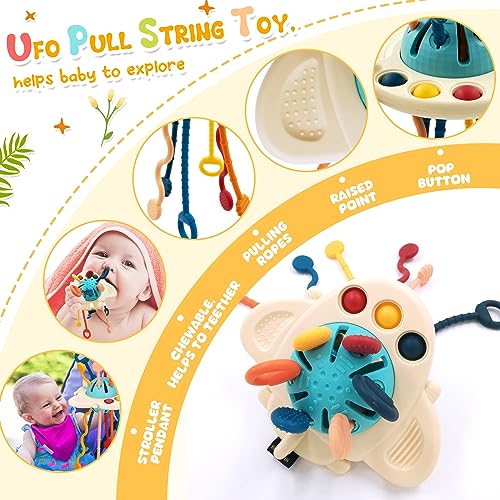 4 in 1 baby toys 6 months - 3 years, stacking tower, UFO silicone pull cord toy, tissue box, sensory toy baby