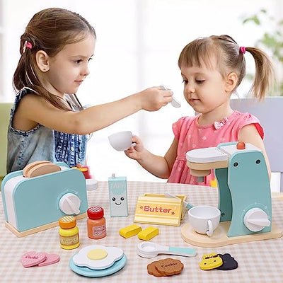 Jouet en bois pour jouer à la machine à café et au grille-pain Accessoires de cuisine pour enfants avec tranches de pain Beurre Lait Sauce Oeuf Jouet éducatif