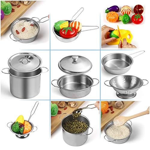 Kitchen Toy Accessories Kids Kitchen Cookware Stainless Steel Pan Set Apron and Chef Hat for Vegetables Pretend Toy Role Playing Games