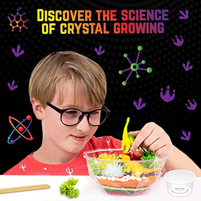 Grow Your Own Crystal Dinosaur Terrarium Kit, Komplett-Set für die Kristallzucht mit 2 Dinosaurierfiguren und Samen für die Zucht von 3 Kristallen für Kinder