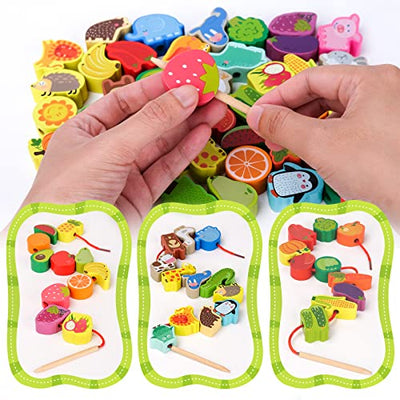 Wooden toy threading game learning game toy wooden beads fruit animal number alphabet