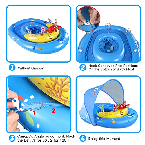 Swim Ring Baby with UPF50+ Sun Canopy & Toys, Swim Aid Baby for Pool, Toddler Pool Swim Ring for 6-36 Months (Blue)
