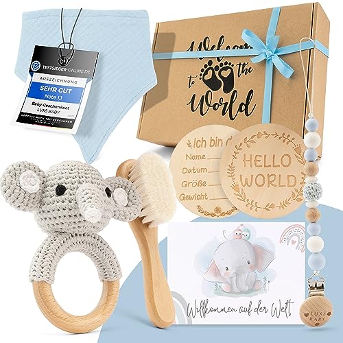 Baby gift boy [6-piece] for newborn | handmade toy, burp cloth, milestone card, rattle, brush | gift for birth, baby shower