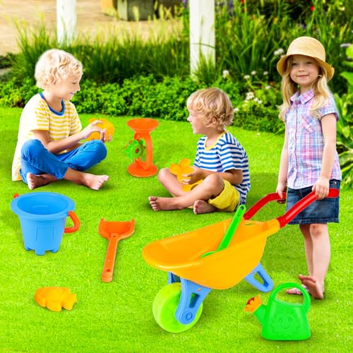 2 in 1 Sand Toy and Garden Set, Kids Wheelbarrow, 7 Pieces, Baby Wheelbarrow Filled and Sandbox Toy for Beach Garden, 2 Year Garden Set and Up