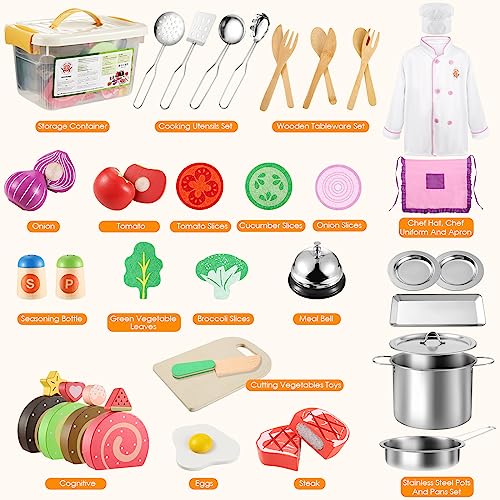 Kids Kitchen Accessories Wood Play Kitchen Kids Toy Simulation Food Toy Stainless Steel Pot Cooking Apron Set Play Kitchen Accessories Cosplay Toy Small