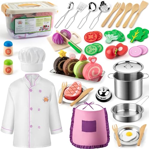 Kids Kitchen Accessories Wood Play Kitchen Kids Toy Simulation Food Toy Stainless Steel Pot Cooking Apron Set Play Kitchen Accessories Cosplay Toy Small