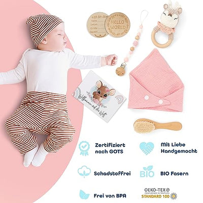 Baby Gift Girl [6-Piece] for Newborn | Handmade Toy, Triangle Scarf, Milestone Card, Rattle, Brush | Gift for Birth, Baby Shower