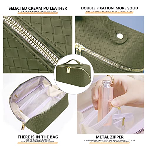 Cosmetic bag, travel makeup bag with handle and dividers, portable waterproof leather toilet bags for travel, vocation etc. (braid series, olive green)