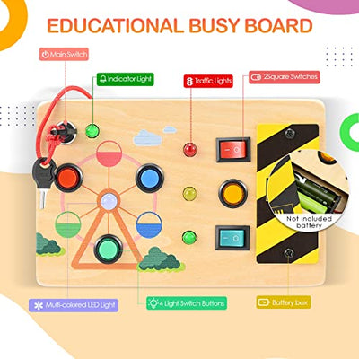 Busy Board, Light Switch Toy - Motoric Wall Sensory Activity Board Wood LED Traffic Light Travel Game