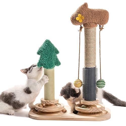 3-in-1 Kitten Toy Wooden Cat Toy - Double Scratching Tree Interactive Cat Toy Roller 2-Ply Turntable, Kitten Toy with Hanging Ball Toy Cat, 40x57cm