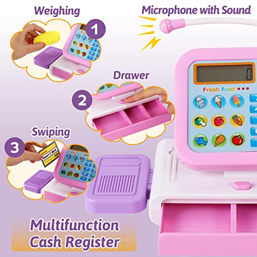 Kids Cash Register Toy, Electronic Cash Register Toy with Rotating Console, Shopping Store Accessories Cash Register with Scanner Microphone Calculator Function