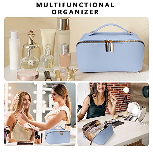 Portable Cosmetic Bag, Travel Make Up Bag, Multifunction Leather Makeup Bag Makeup with Large Capacity, Makeup Bag Organizer for Travel, Appointment etc (Blue)