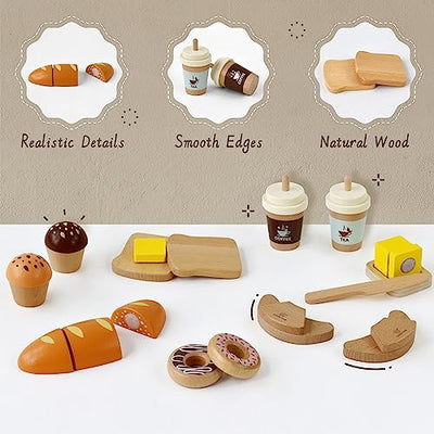 Wooden Bakery Toy Set Wooden Play Food Wooden Breakfast Play Set Kitchen Accessories for Role Playing Cutting Foods