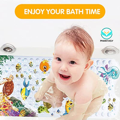 Bath Mat for Kids Cartoon Anti Slip Baby Bath Mat Extra Long Anti Slip with Suction Cups Drain Holes