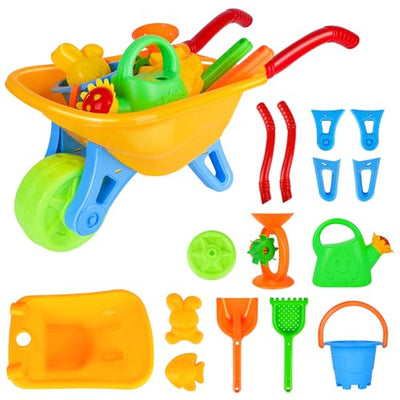 2 in 1 Sand Toy and Garden Set, Kids Wheelbarrow, 7 Pieces, Baby Wheelbarrow Filled and Sandbox Toy for Beach Garden, 2 Year Garden Set and Up