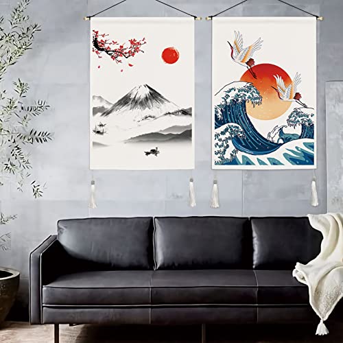 Japanese tapestry, Mount Fuji, wall hanging, great wave crane, wall art with tassels, cherry blossoms, sun tapestries