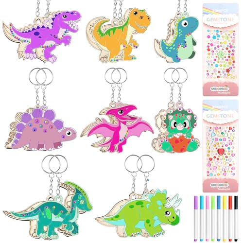 Dino keychain children, 26 pieces dinosaur wood craft set, dinosaur wood to paint, dinosaur keychain craft