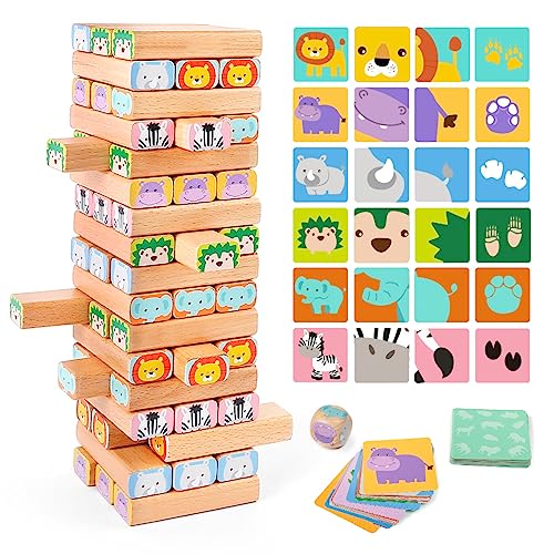 Jeu d'empilage de blocs en bois – Jeu social familial 4 en 1 Wiggle Tower – Ensemble : blocs de construction