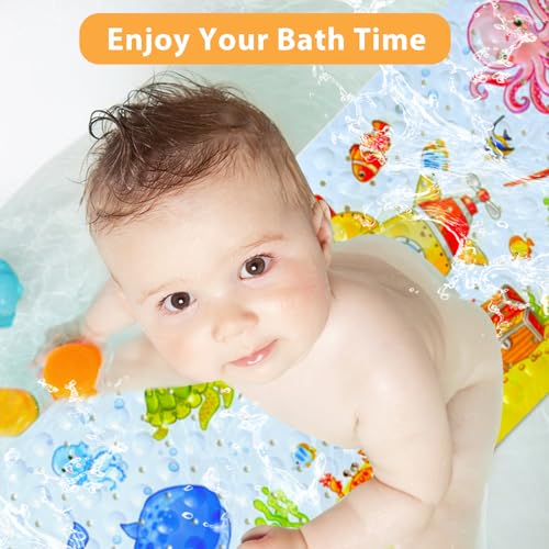 Bath Mat for Tub for Kids Cartoon Anti Slip Baby Bath Mat Extra Long Anti Slip Bathroom Toddler Shower Floor Mat with Suction Cups Drainage Holes