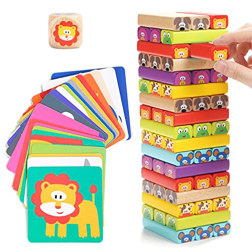 Educational children's game from 3 years - Wobble tower 4 in 1 made of wood with colors and animals