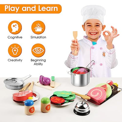 Kids Kitchen Accessories Wood Play Kitchen Kids Toy Simulation Food Toy Stainless Steel Pot Cooking Apron Set Play Kitchen Accessories Cosplay Toy Small