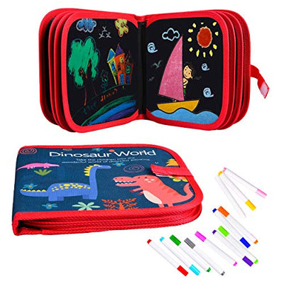 Wipeable coloring book for kids, portable kids coloring book 14 pages reusable drawing board with 12 color pencils - dinosaur