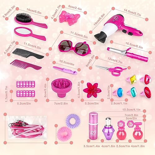 34 Piece Hairdresser and Glamour Vanity Carry Case Play Set Makeup Accessories, Pretend Jewelry, Curling Iron and Toy Hair Dryer Included