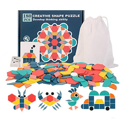 Geometric shapes wooden puzzle - kids puzzle with wooden blocks, ONE early puzzle with 180 geometric shapes and 24 design cards