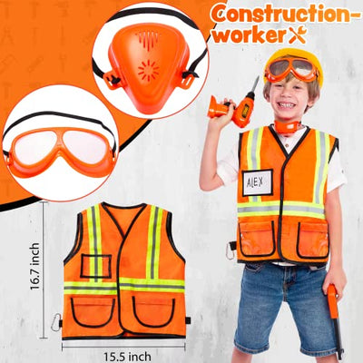 Construction worker costume role play tool toy set, with hard hat, goggles, types of toy tools, for architecture role play, Halloween party, carnival and birthday