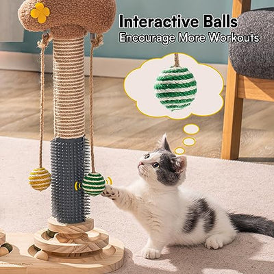 3-in-1 Kitten Toy Wooden Cat Toy - Double Scratching Tree Interactive Cat Toy Roller 2-Ply Turntable, Kitten Toy with Hanging Ball Toy Cat, 40x57cm