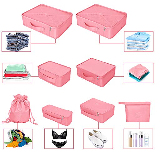 Organisateur de valise, sacs à vêtements pour le voyage, 8 pièces, 7 couleurs, organisateur de bagages de voyage incluant un sac de rangement de chaussures imperméable, sacs de compression pratiques pour les voyageurs, nouveau rose