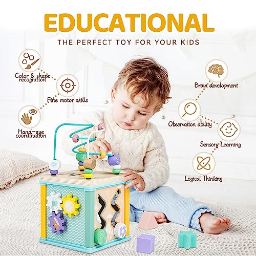 Bois cube moteur, jouets moteurs pour enfants, cube d'activité 5 en 1