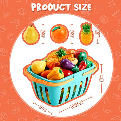 Play food toys for toddlers kitchen, fake food includes plastic fruit &vegetables, storage basket, mini dishes and knife toddler gifts