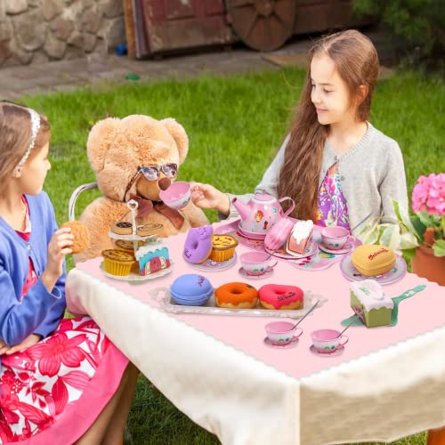 Tea set children's, pewter teapot, dessert toy, cookies, donut, cake, tablecloth and carrying bag