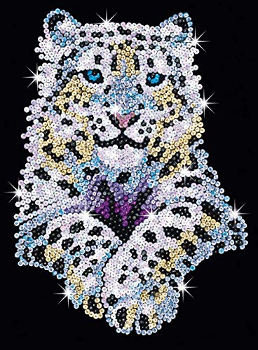 Sequin picture snow leopard, pegboard, craft kit with polystyrene frame, velvety picture template, sequins, pegs, instructions, for children