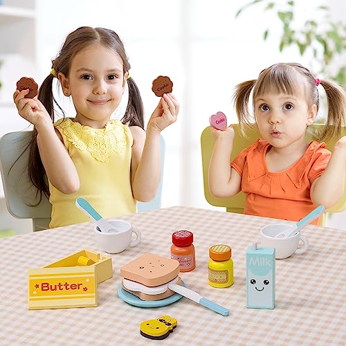 Jouet en bois pour jouer à la machine à café et au grille-pain Accessoires de cuisine pour enfants avec tranches de pain Beurre Lait Sauce Oeuf Jouet éducatif