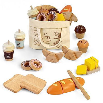 Wooden Bakery Toy Set Wooden Play Food Wooden Breakfast Play Set Kitchen Accessories for Role Playing Cutting Foods