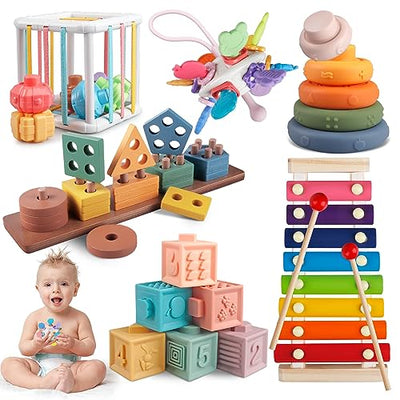 Jouets 6 en 1 pour bébé de 6, 9, 12 mois, 1, 2, 3 ans, jouets de motricité, tour d'empilage xylophone, jouets en bois, cube de motricité 