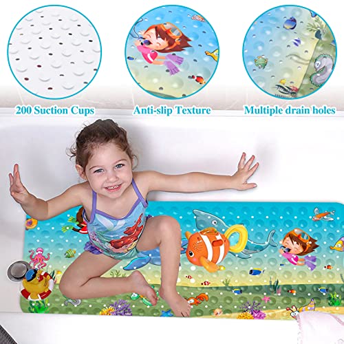 tapis de bain antidérapant pour enfants tapis de bain antidérapant baignoire sans BPA Tapis de bain extra long pour plus de sécurité des enfants, tapis de douche lavable en machine avec ventouses trous de drainage 